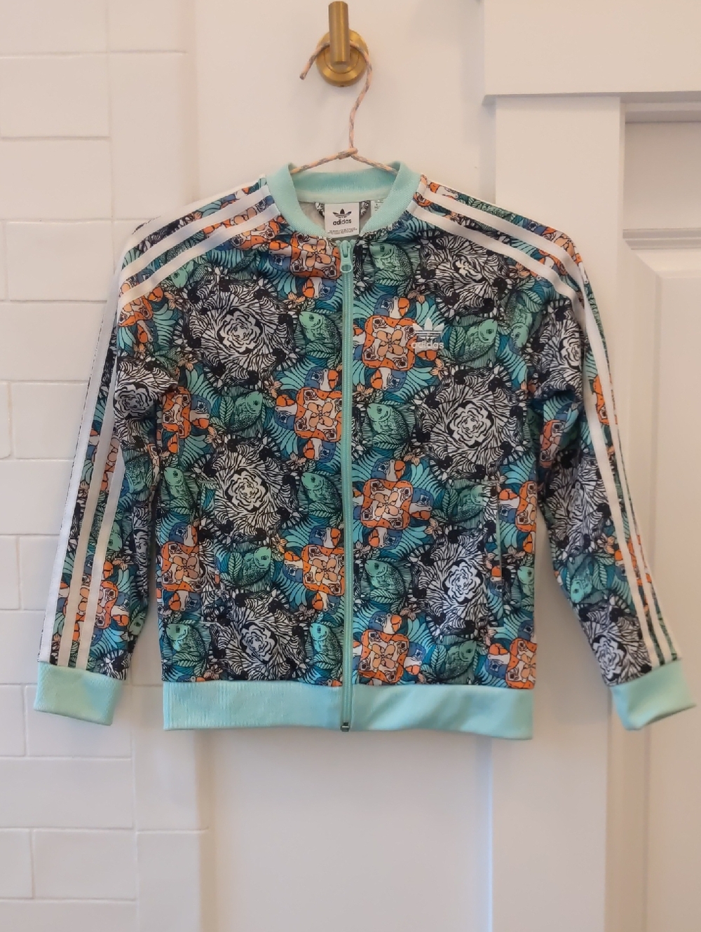 adidas Multi-Color Floral Print Track Jacket with Mint Trim